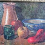 20th Century French Fruit and Pitcher Tabletop Still Life Oil Painting