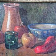 20th Century French Fruit and Pitcher Tabletop Still Life Oil Painting