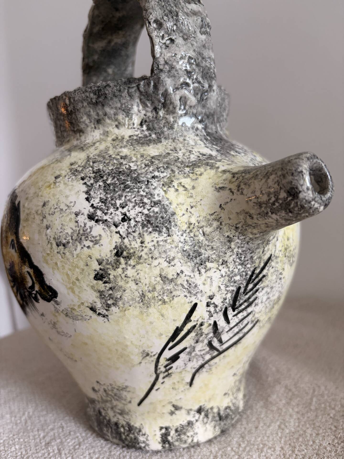 Vintage French Studio Ceramic Pitcher by Ghila – Lascaux Cave Art Styl