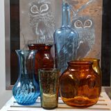 Trio vintage vase bottle and jar in amber and blue glass