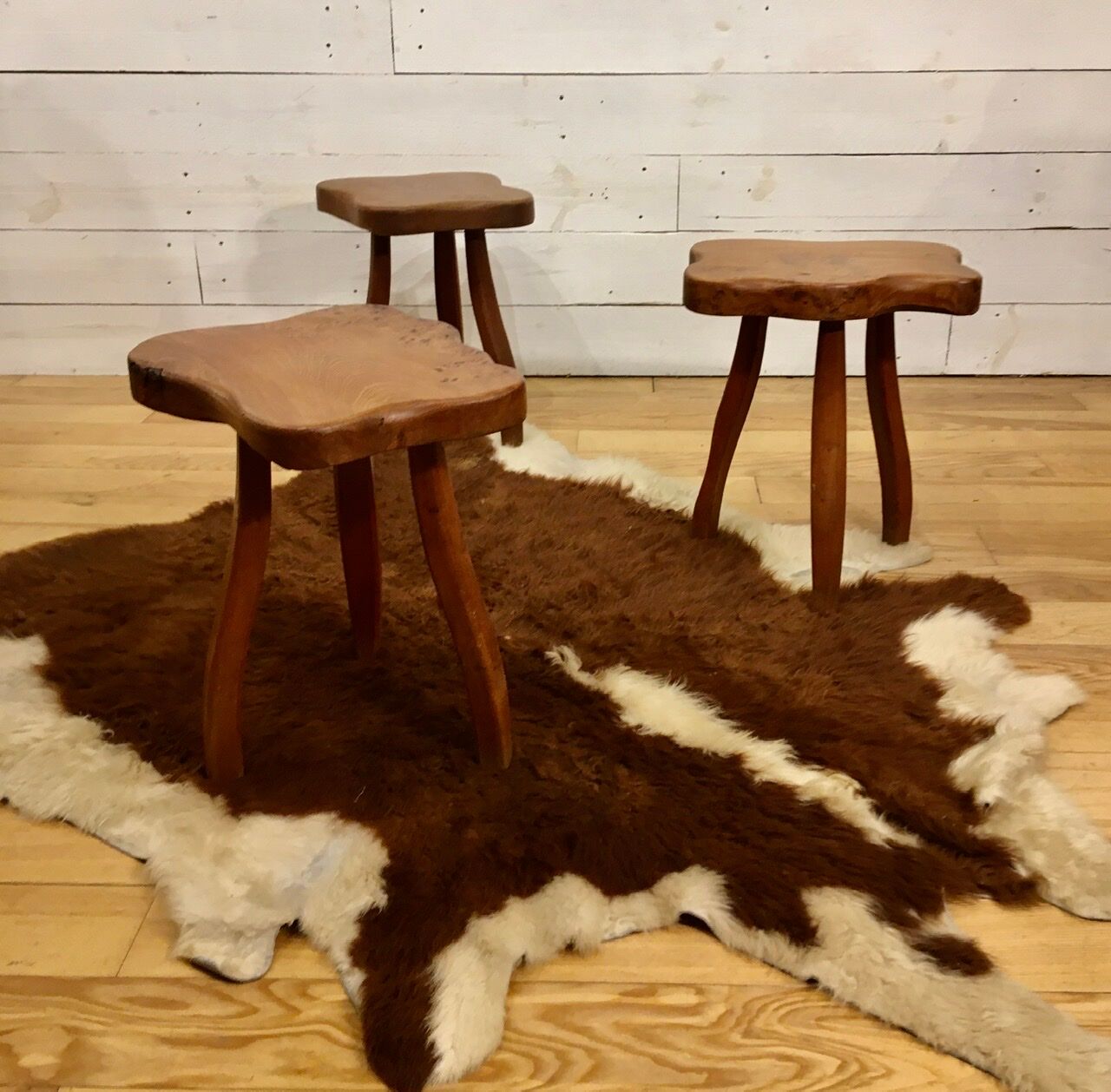 Brutalist tripod stools in solid elm, France 1960