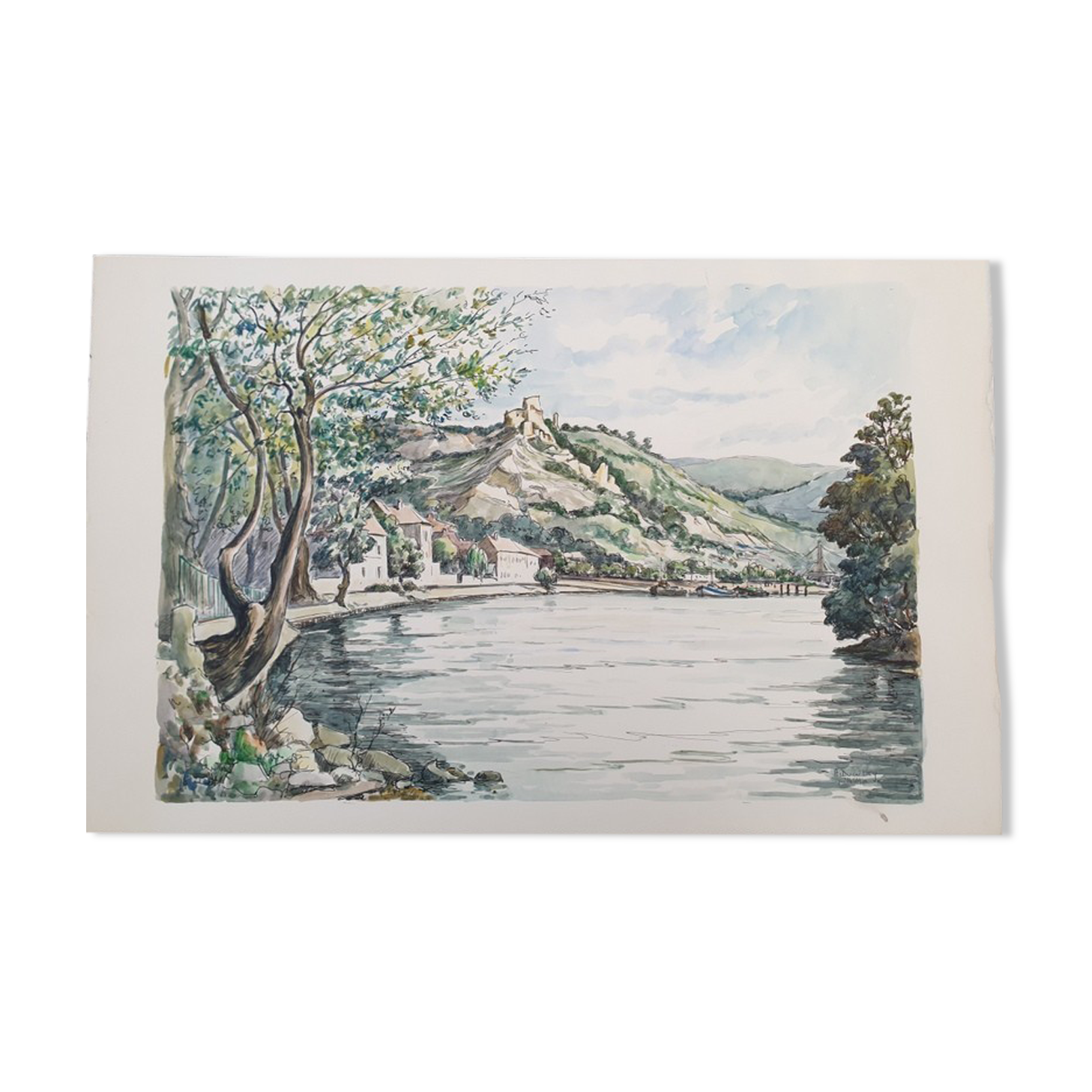 André Duculty (1912-1990) Watercolor on paper "Les Andelys (Normandy)" Signed lower right