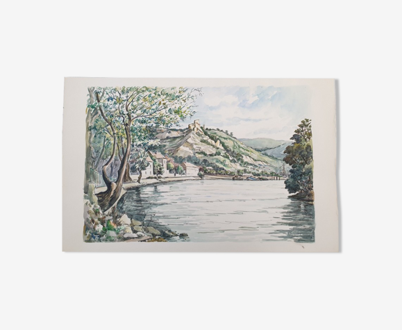Aquarelle sur papier "Les Andelys (Normandie)" Signée en bas à droite André Duculty (1912-1990)