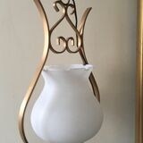 Pair of white tulip and brass pendant lamps
