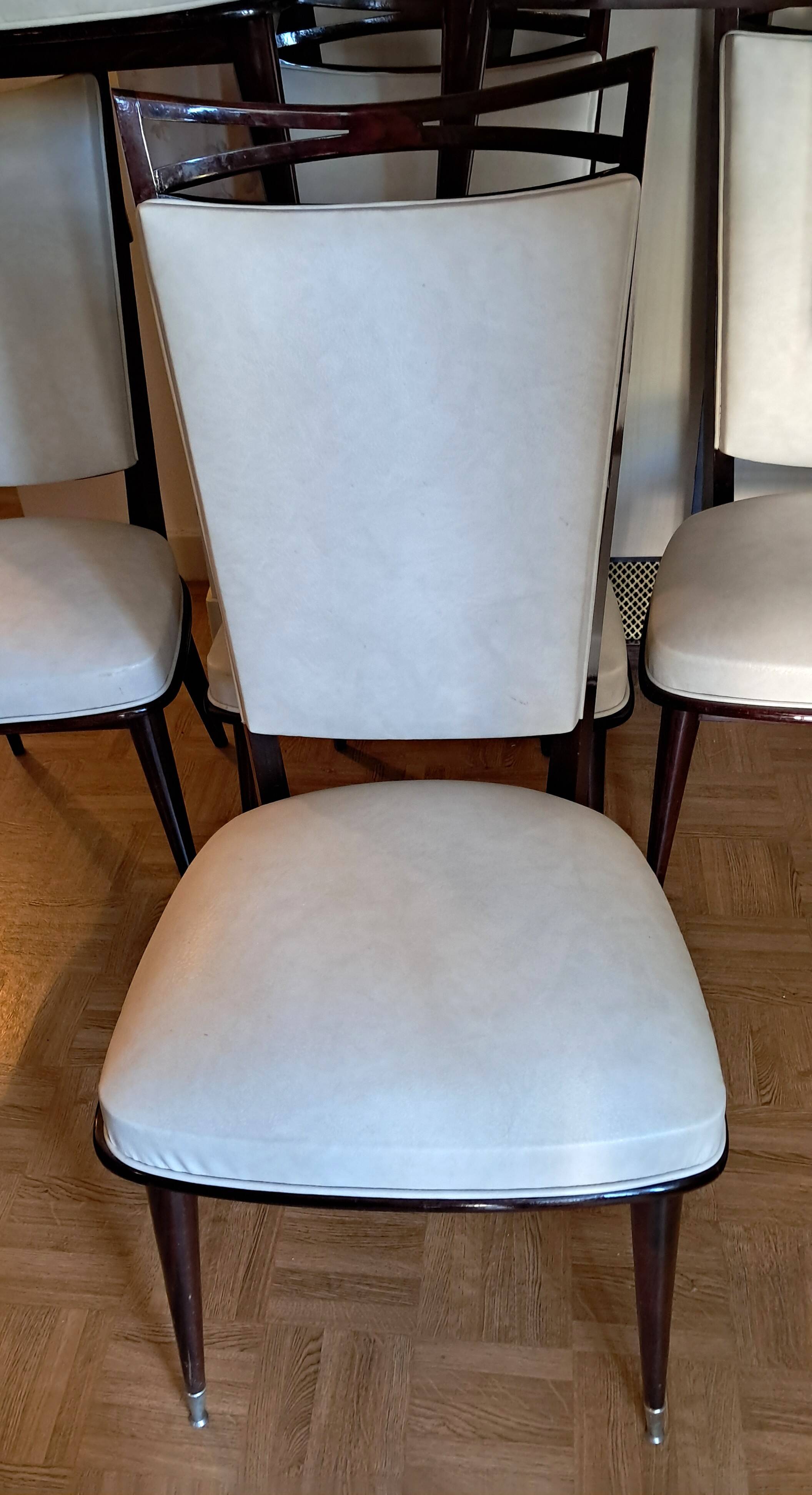 Set of 6 Art Deco chairs in solid mahogany and faux leather. Circa 1940.