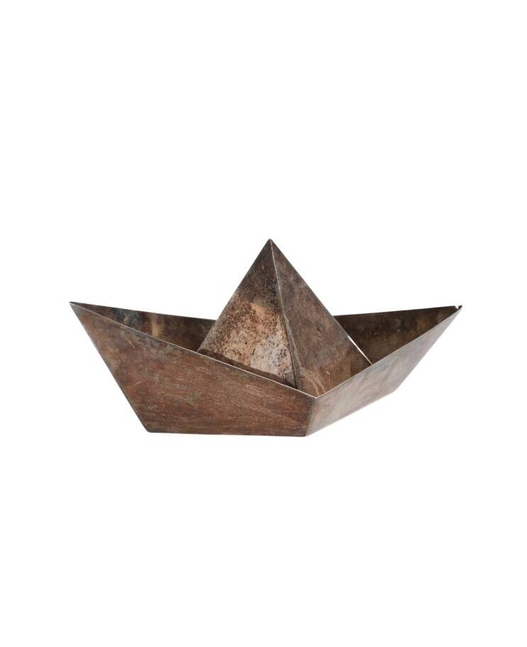 Modern silver-plated paper boat sculpture, Paola C. Aldo Cibic Italy 1980