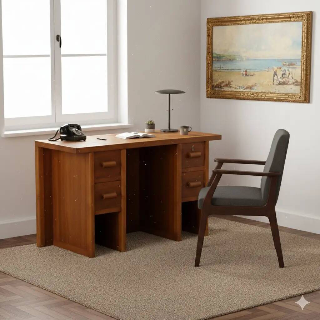 Vintage desk from the 1940s with side drawers in walnut, Italy.