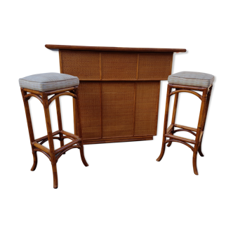 Rattan bar and its 2 stools, Maugrion editions, 80