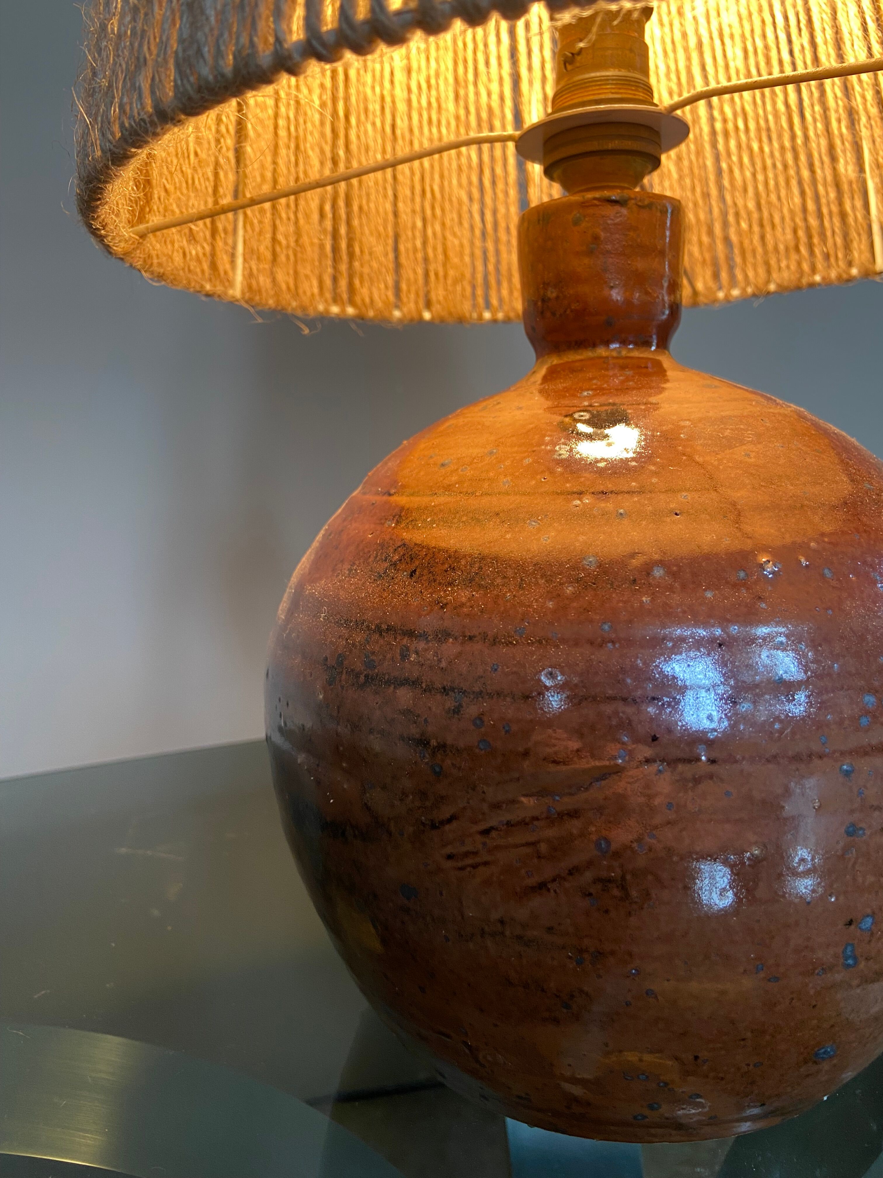 Vintage stoneware ball lamp and rope lampshade