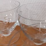 Set of 8 old glasses on base with chiseled decor