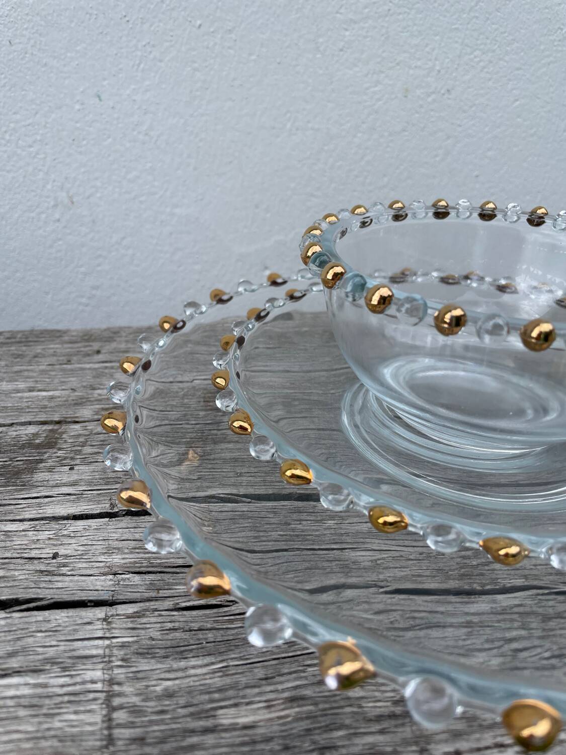 Trio of gold beaded glass dishes