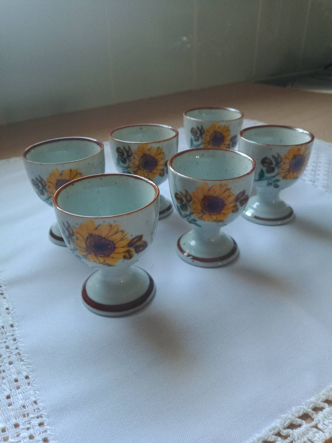 Stoneware egg cups screen printed with sunflowers