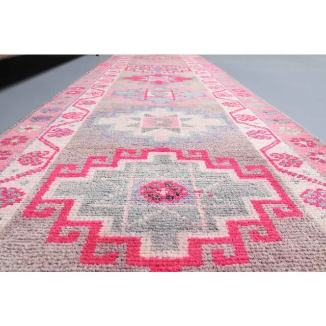 Vintage Turkish Oushak Handmade Wool Cotton Pink Runner 85x387
