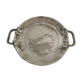Silver bronze cup by big art nouveau woman's profile 1900