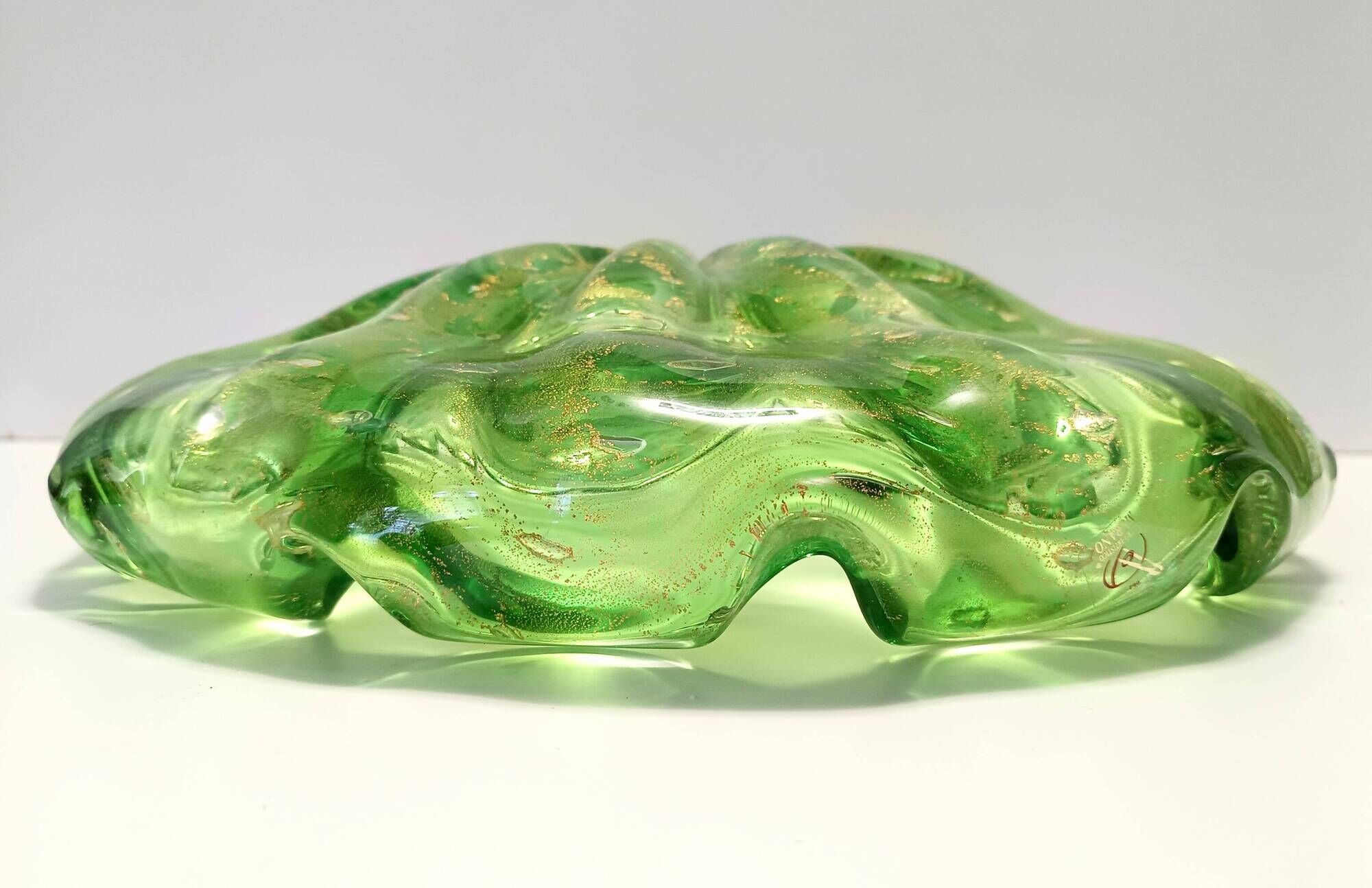Large Green Bullicante Murano Glass Bowl or Centerpiece with Gold Leaf