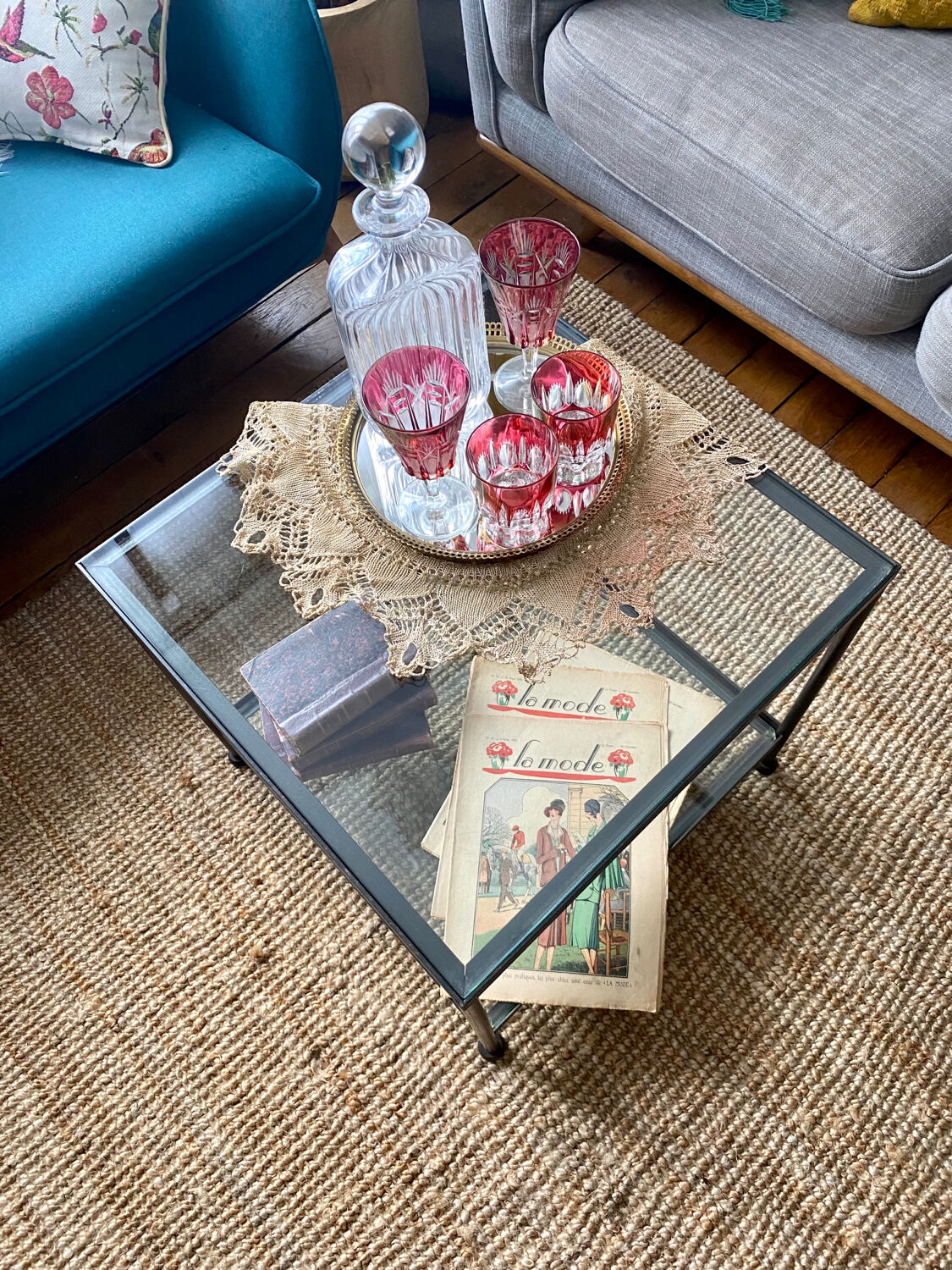 Glass and wrought iron coffee table design