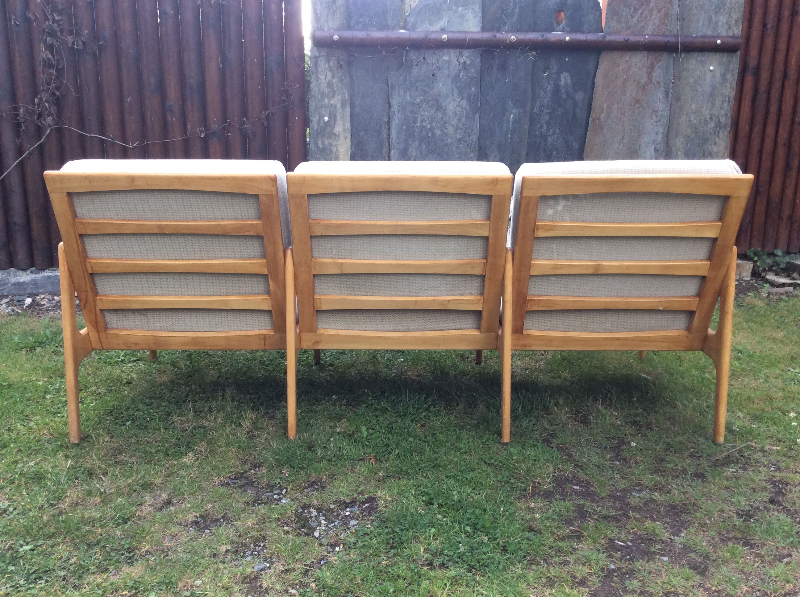 Vintage Scandinavian bench and armchairs of 4 pieces, 1 bench and 3 armchairs.