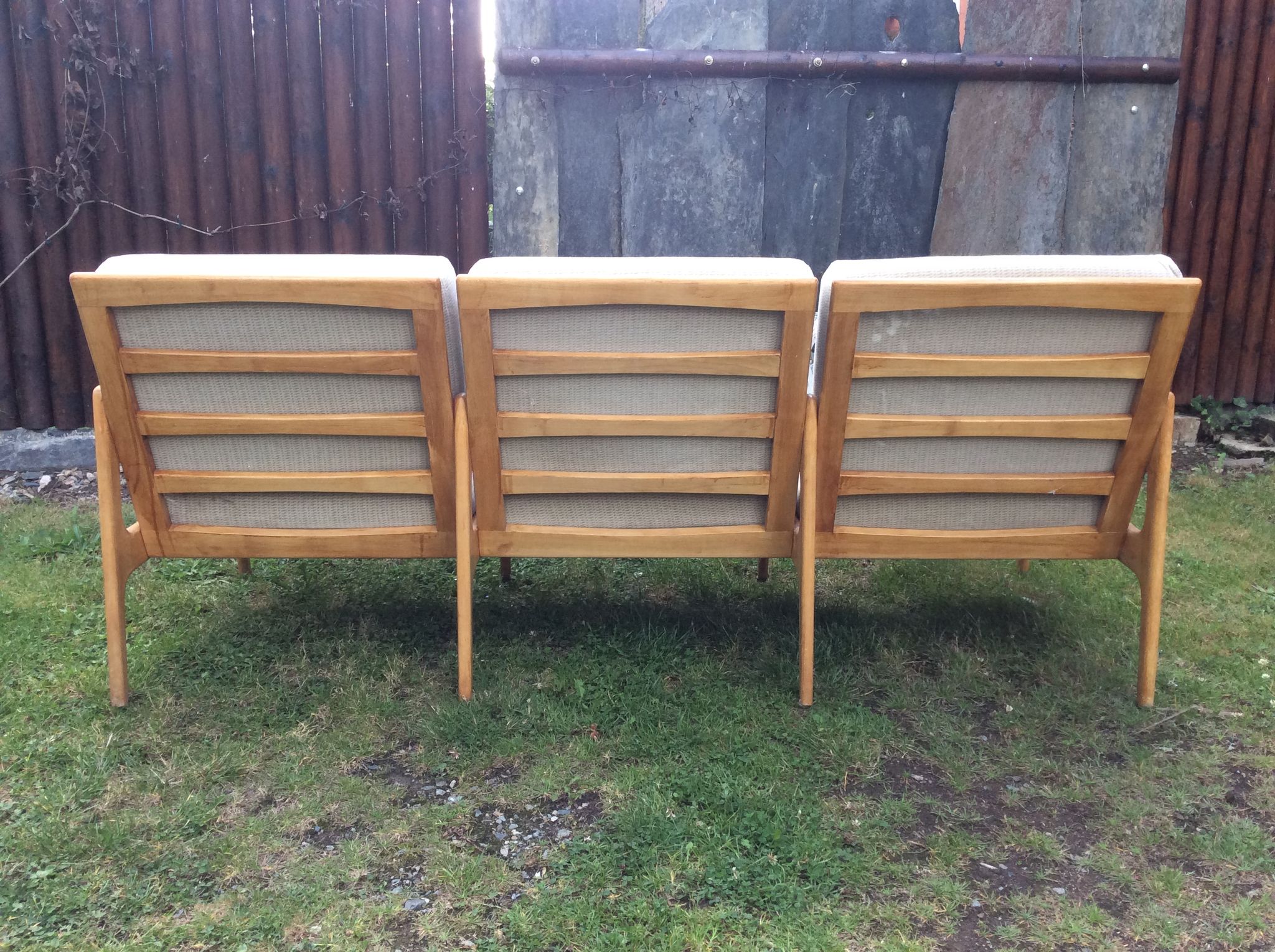 Vintage Scandinavian bench and armchairs of 4 pieces, 1 bench and 3 armchairs.