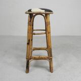 Bamboo bar stool with leatherette seat in cow print, 1950s
