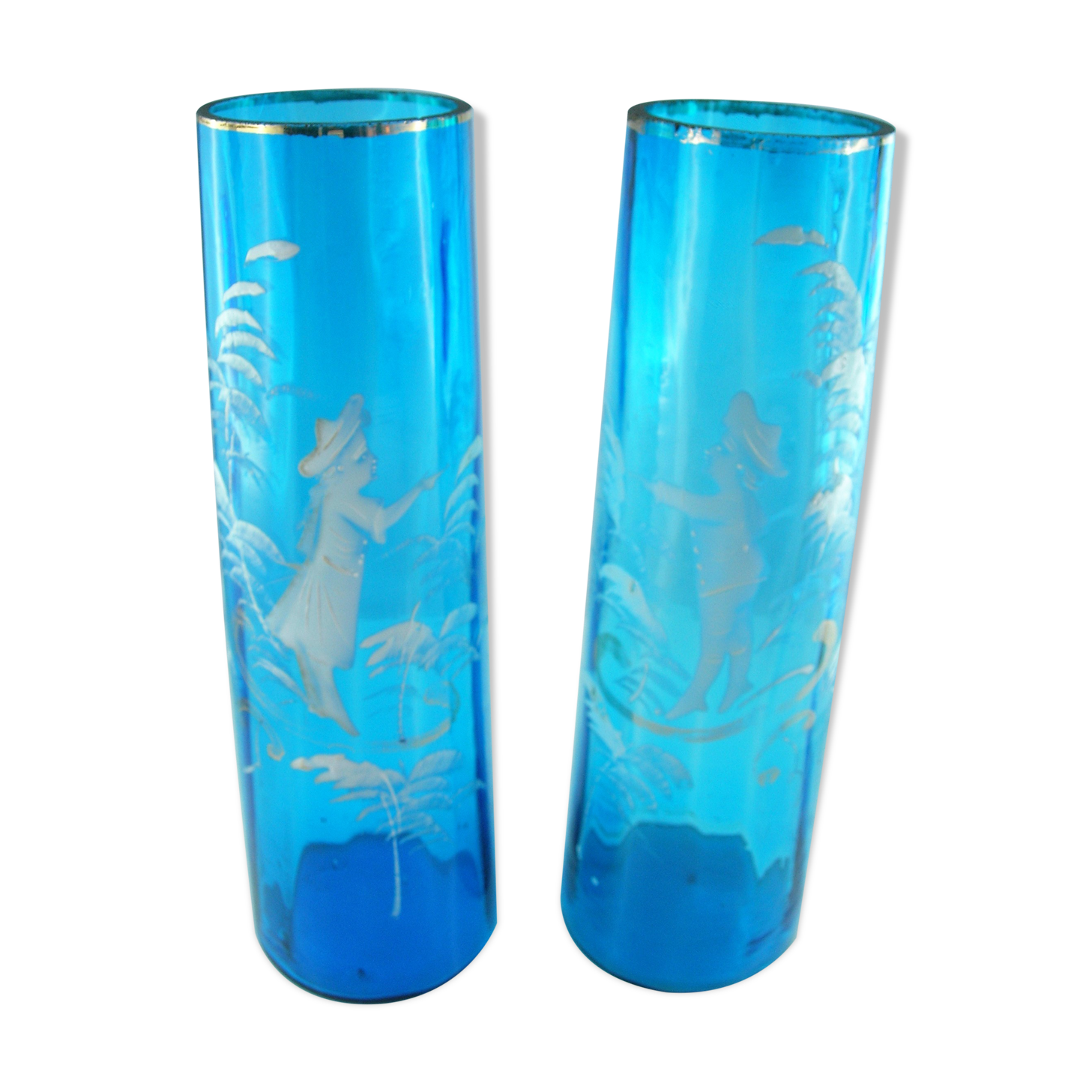 Pair of blue glass vases in the taste of Mary GREGORY