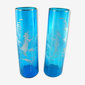 Pair of blue glass vases in the taste of Mary GREGORY