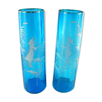 Pair of blue glass vases in the taste of Mary GREGORY