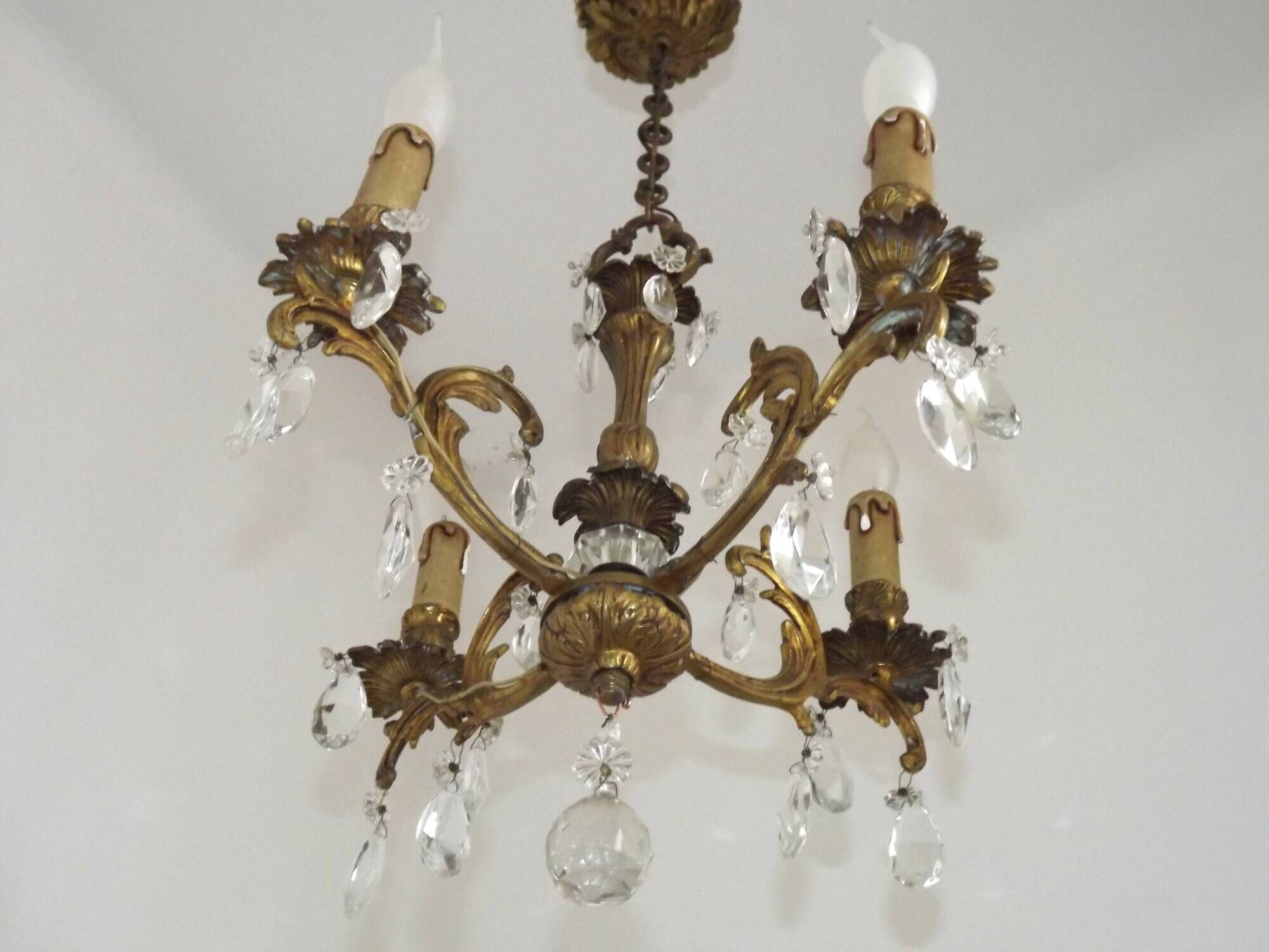 French Vintage Bronze and Glass 4 Light Art Nouveau Crystal Chandelier