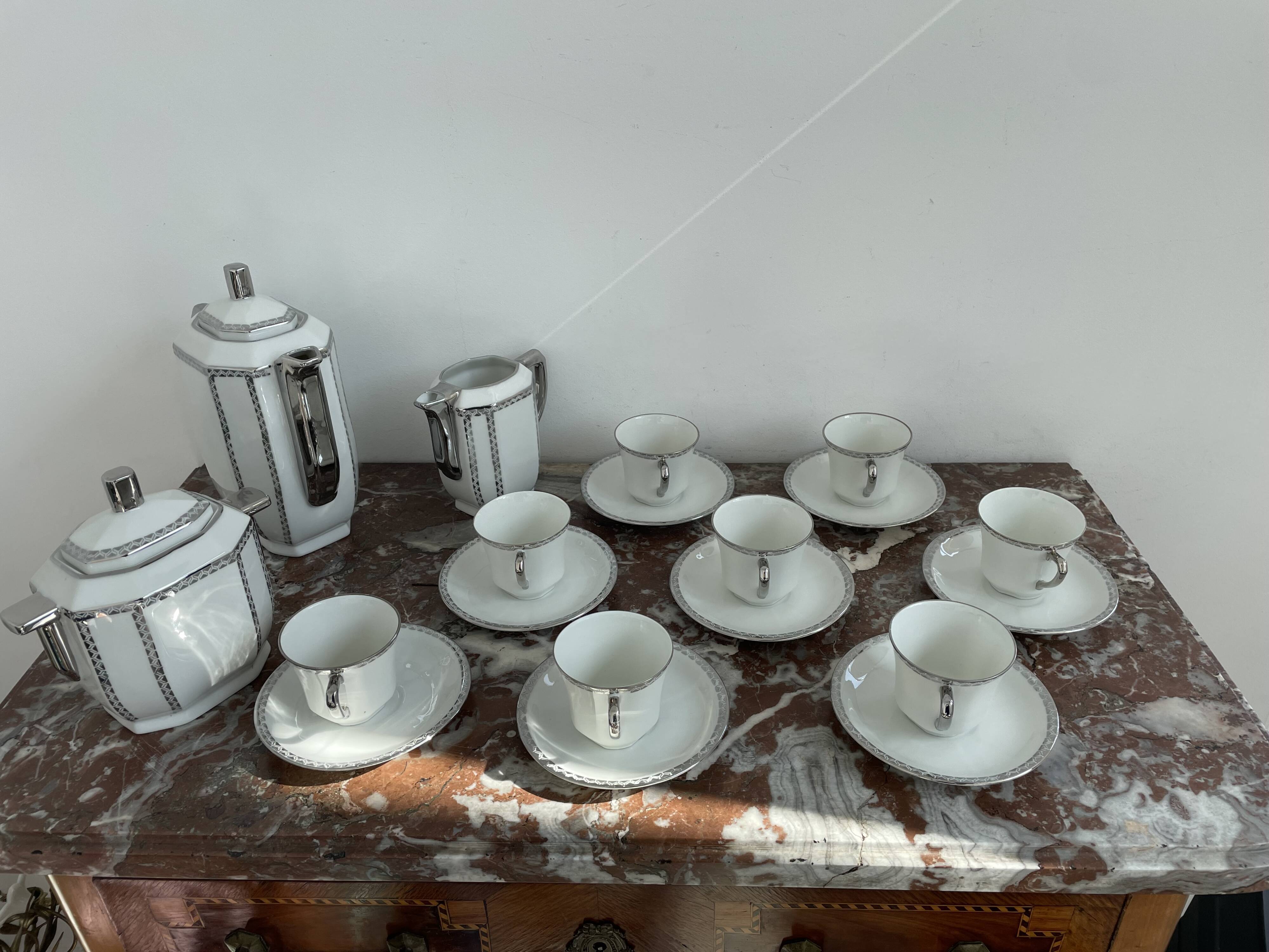 Coffee set, tea 1925, art deco, union céramique, uc, limoges, 8 cups, 8 subcups, teapot