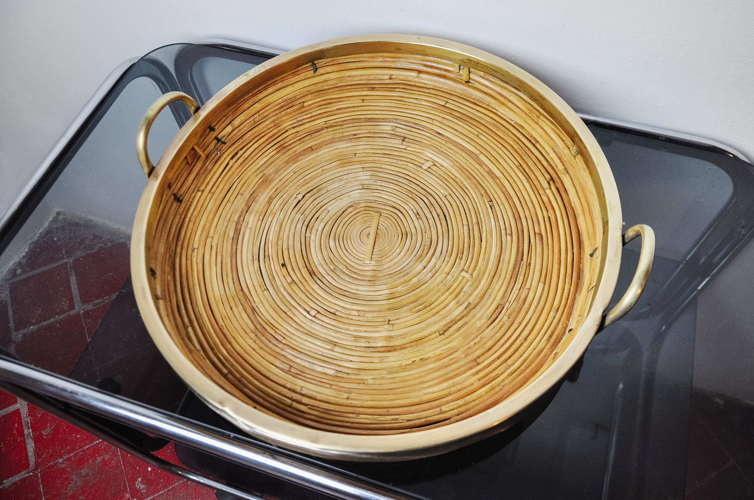 Rattan and brass basket, Italy, 1970