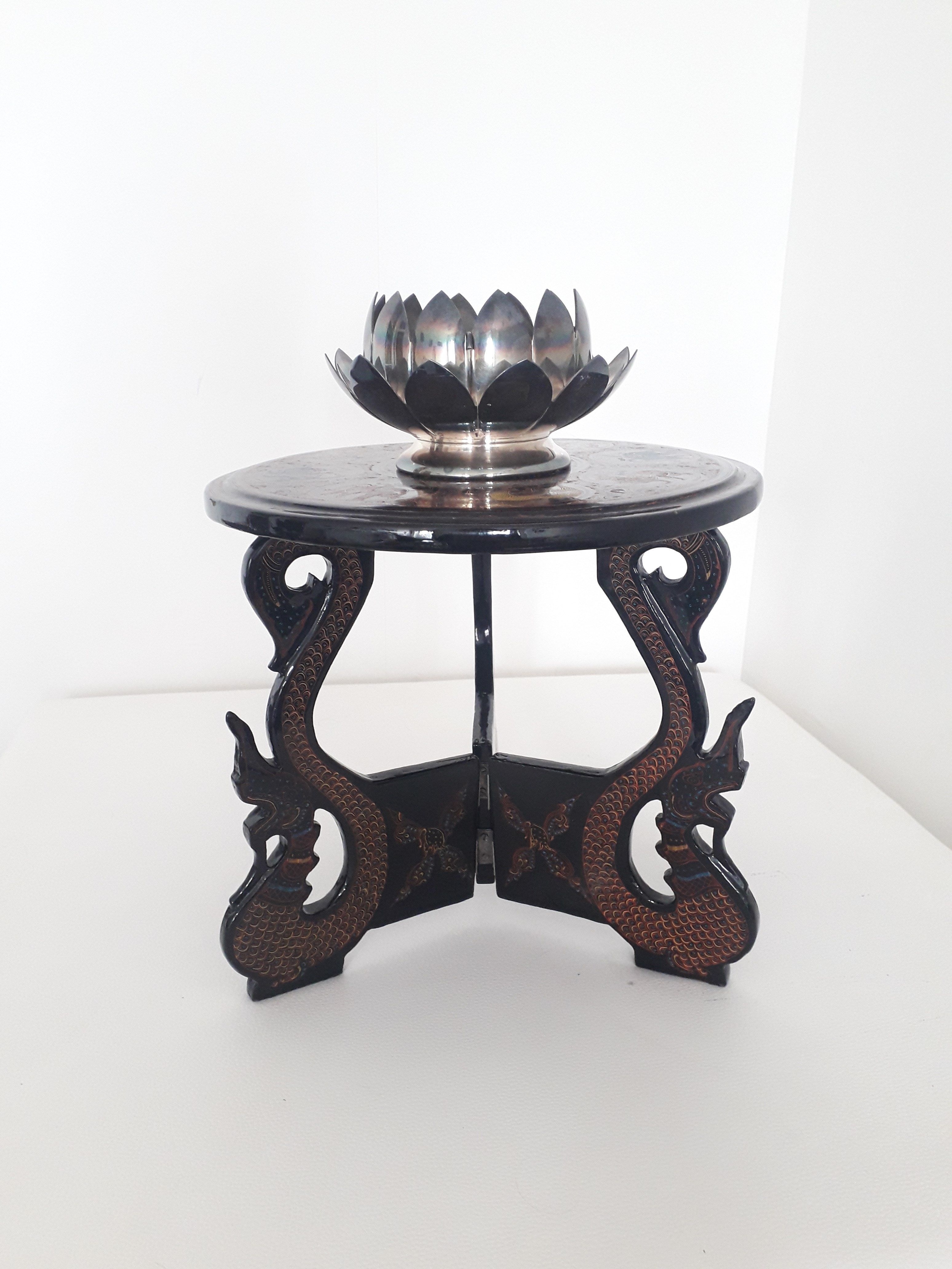 Pedestal table / asian tripod plant holder - black lacquered wood - 1970
