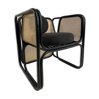 Fauteuil cubique en rotin noir et cannage