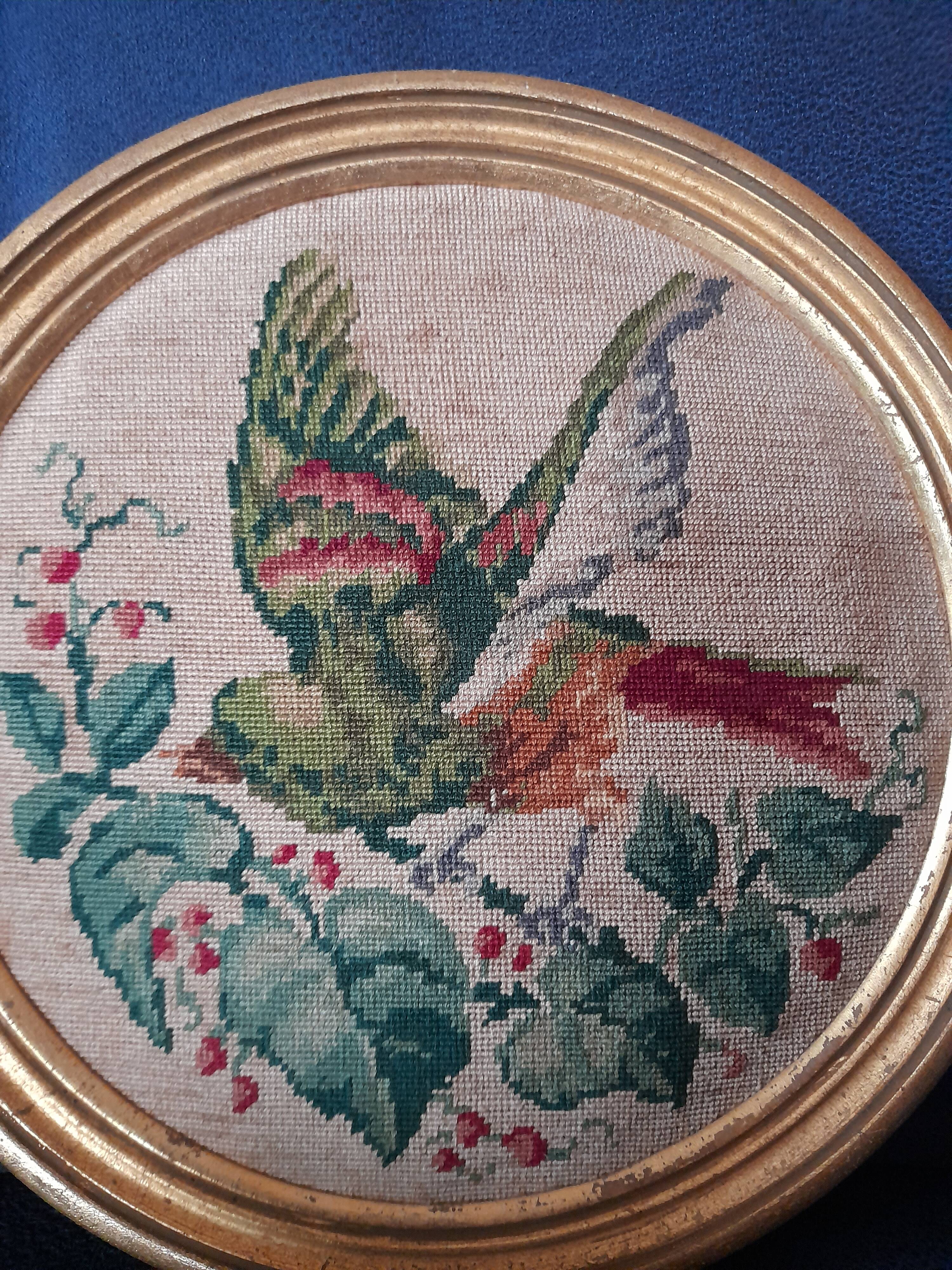 Round gold frame embroidered bird cross stitch