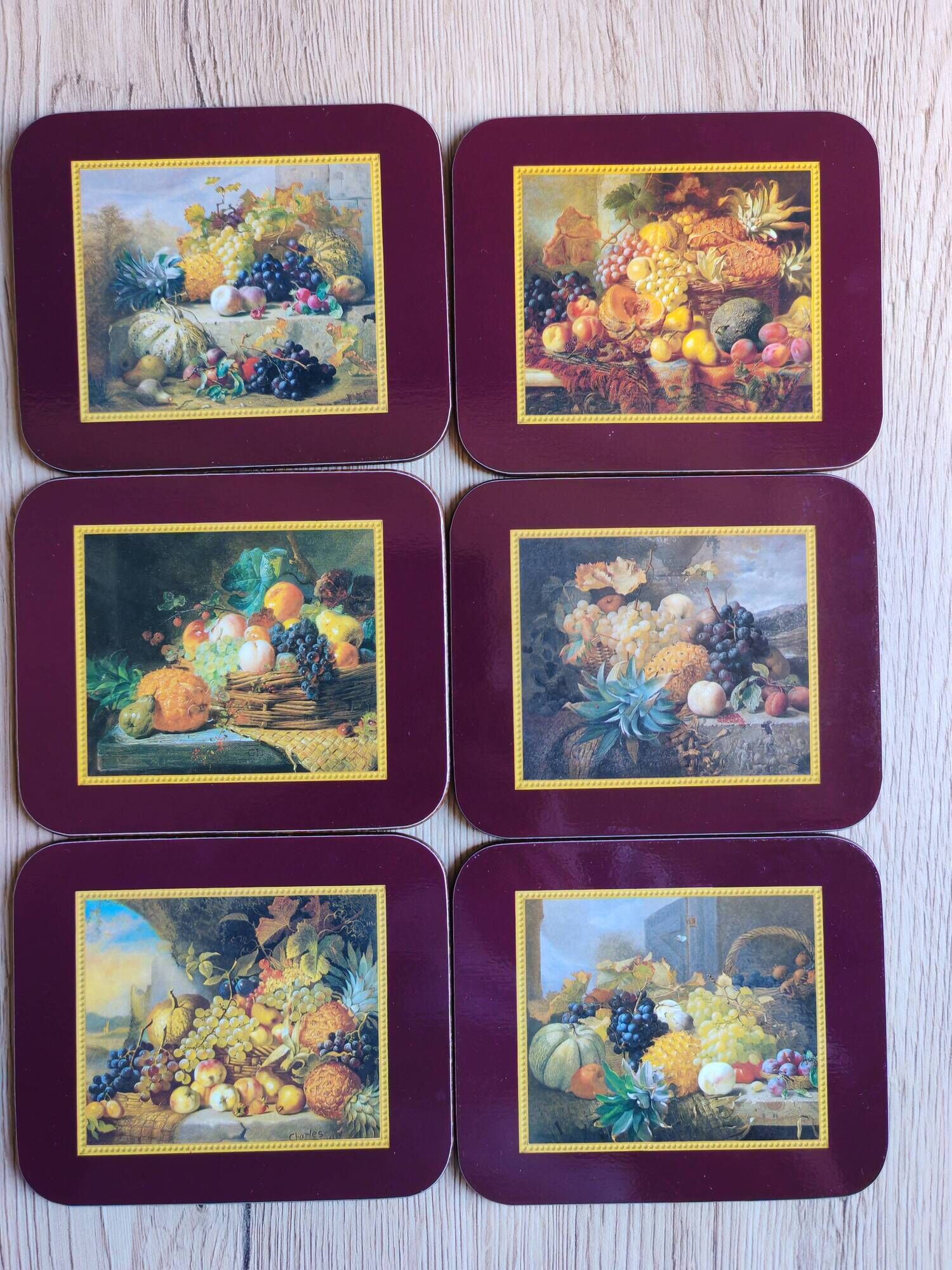 Set of 6 vintage Jason "Still Life Fruit" coasters, cork and durable.