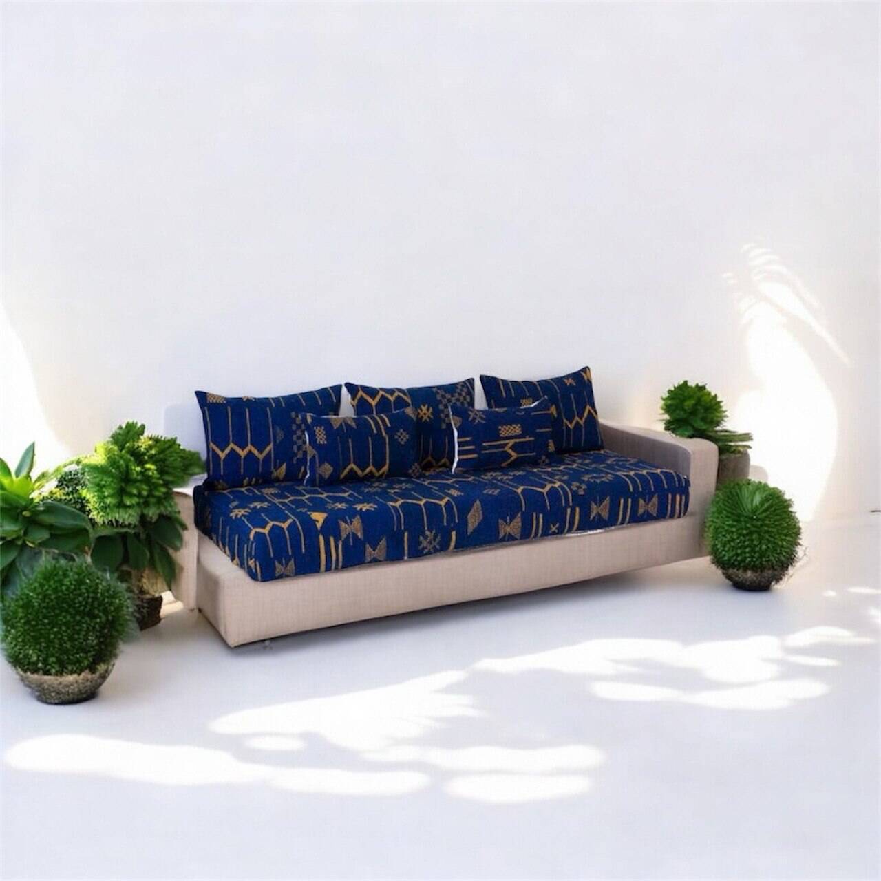 Handmade Moroccan Floor Sofa – Blue Hnibel with Golden Khormaz Patterns