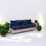 Handmade Moroccan Floor Sofa – Blue Hnibel with Golden Khormaz Patterns