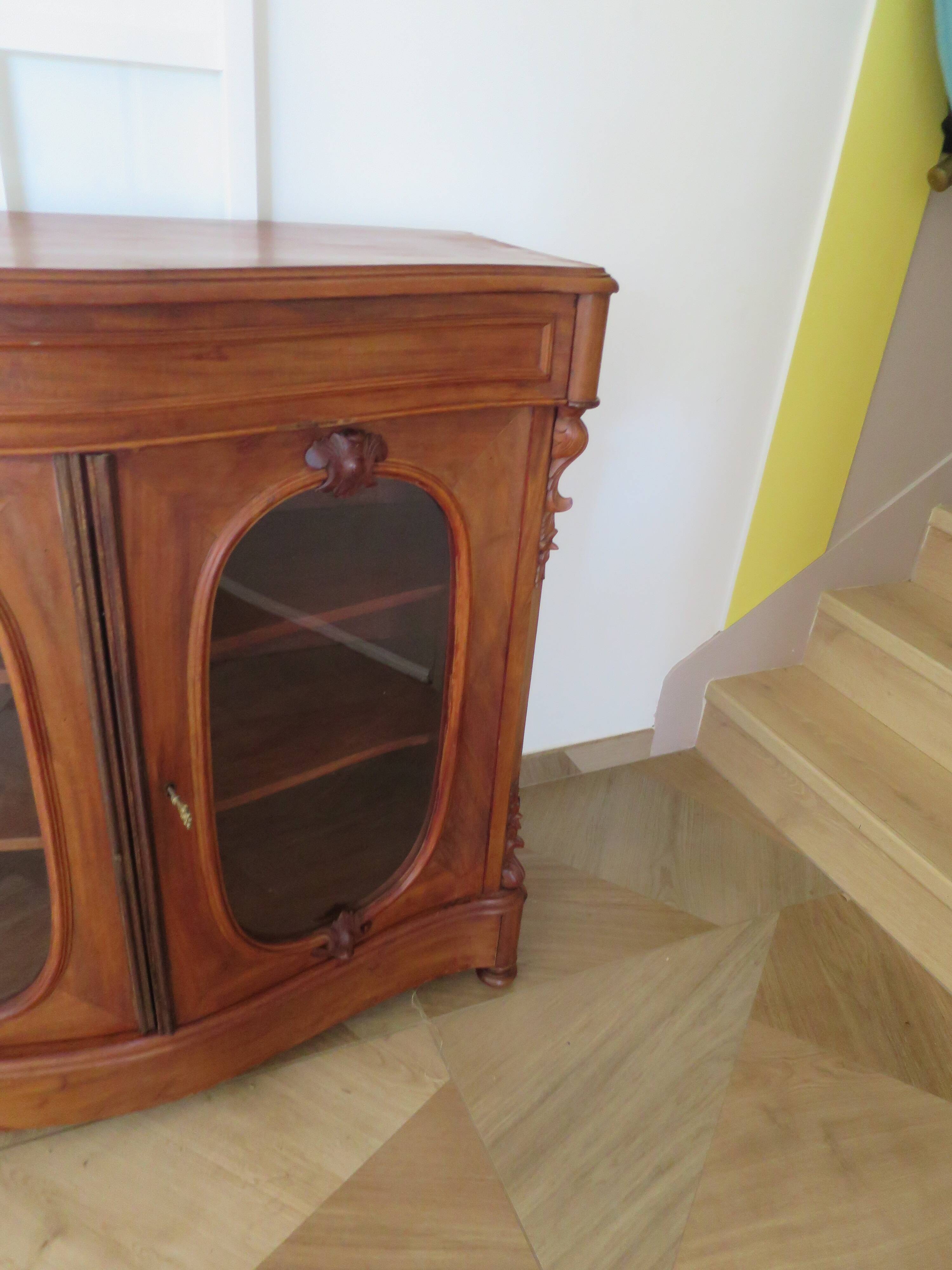 Curved showcase library carved wood 2 doors mahogany English style