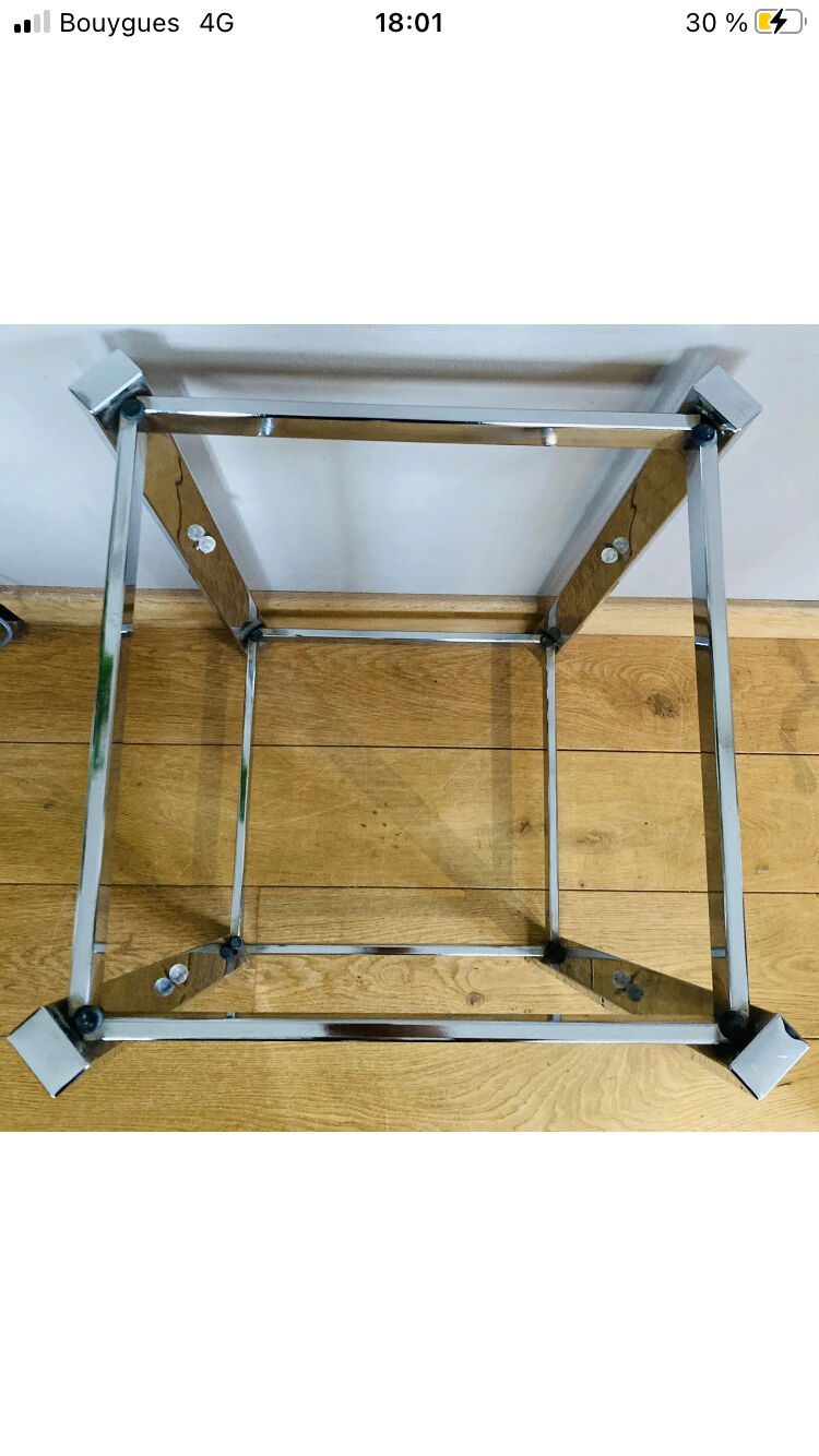 1970s sofa end harness in chromed metal, 3 removable shelves smoked mirrors (available)