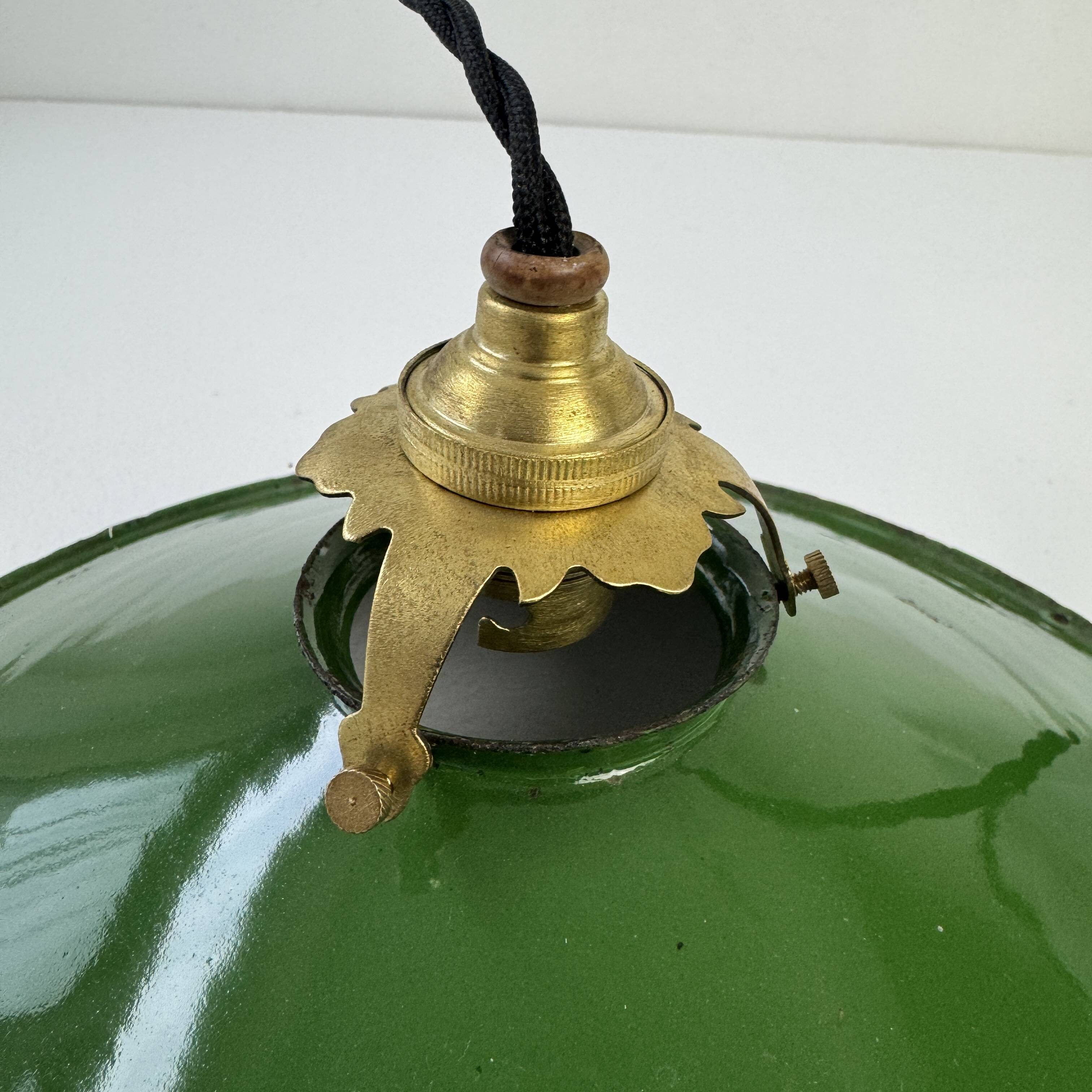 Old conical industrial pendant light in green enamelled sheet metal