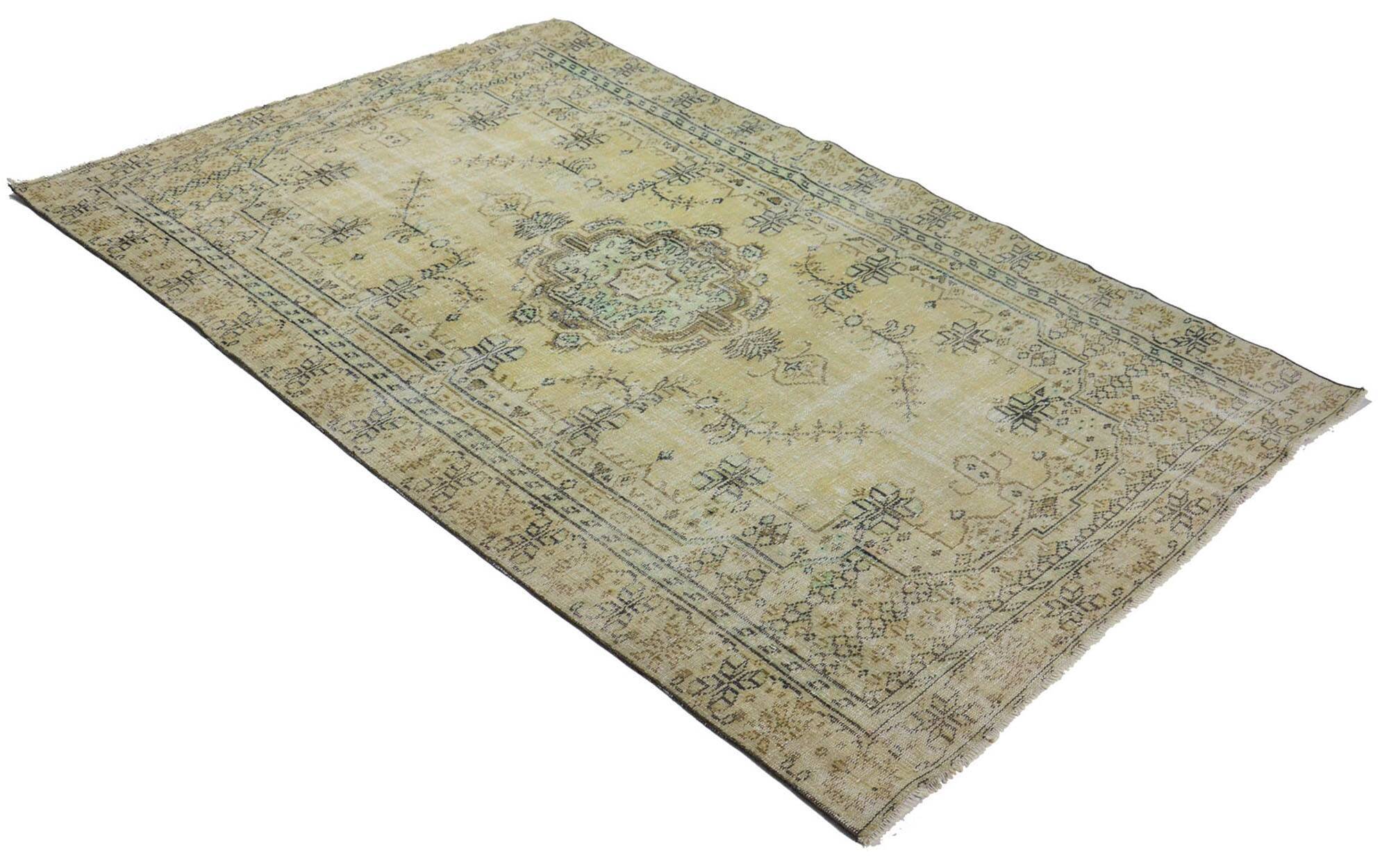 Vintage Turkish Medallion Rug Beige Green 265 x 168 cm