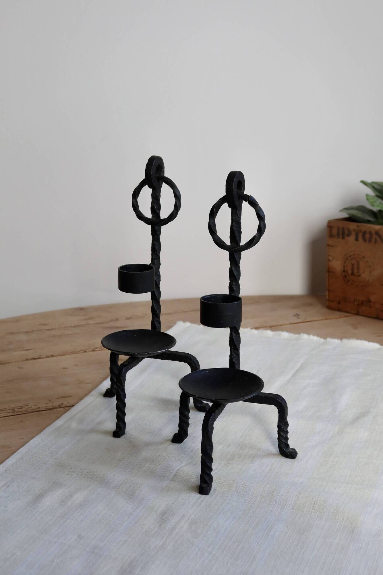 Vintage black metal candle holders – Twisted wrought iron