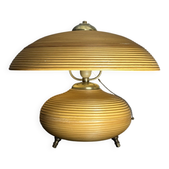 Pencil Reed Rattan Bamboo and Brass Mushroom Table Lamp, Italy, 1970s