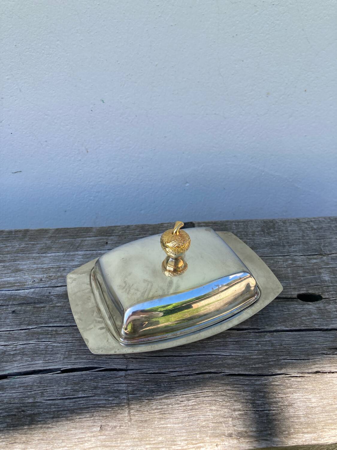 Acorn silver metal butter dish