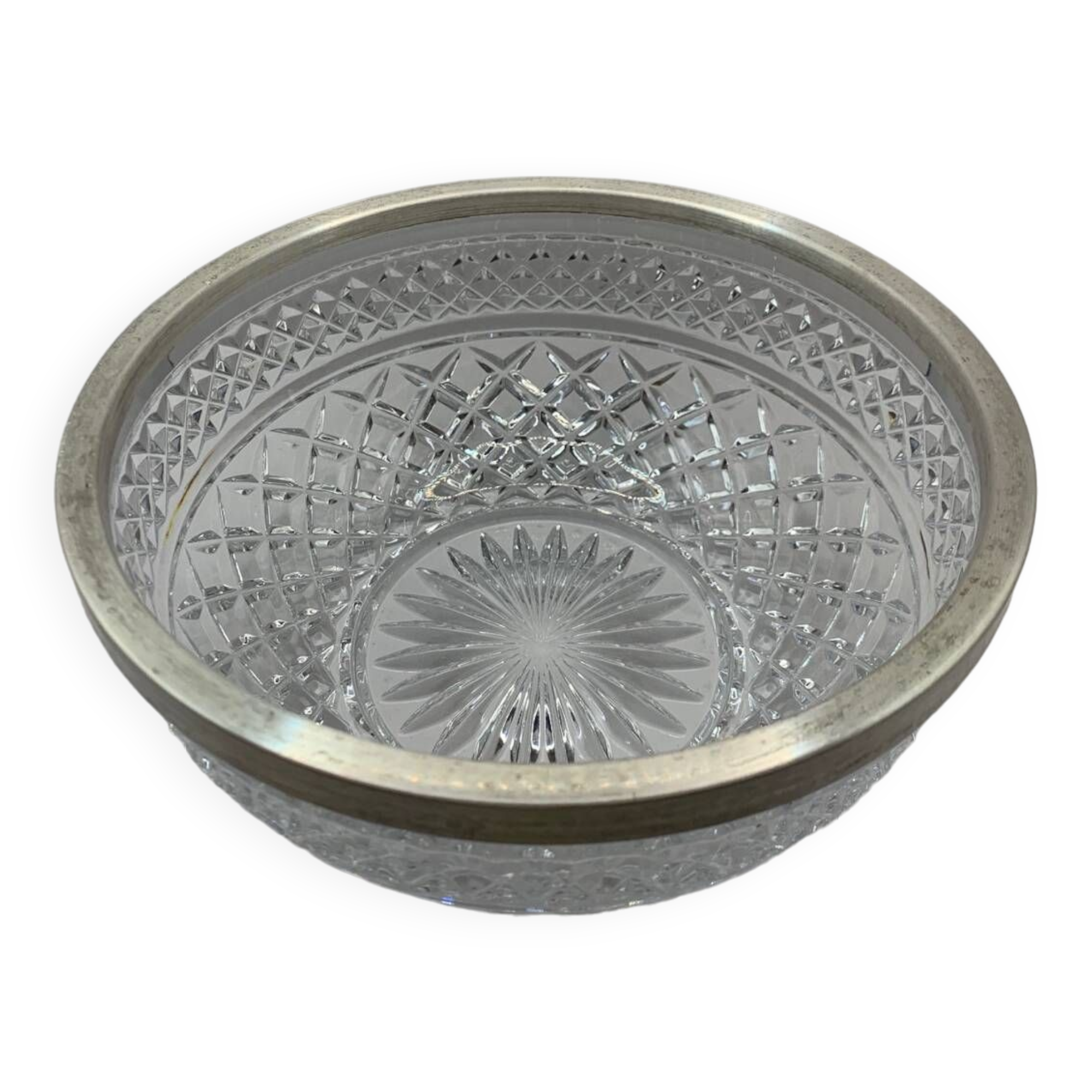 Chiseled glass (crystal?) salad bowl with silver metal edge