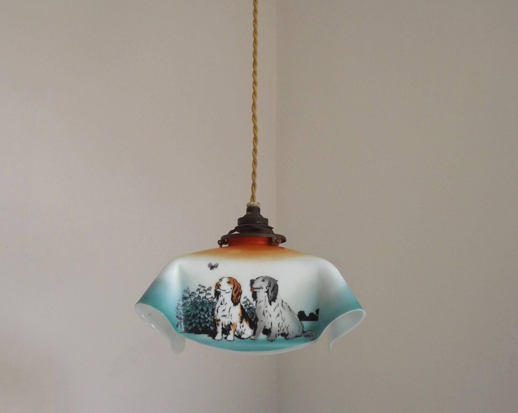 Rare French Art Deco Pendant Light | Illustrated Dog Countryside Shade