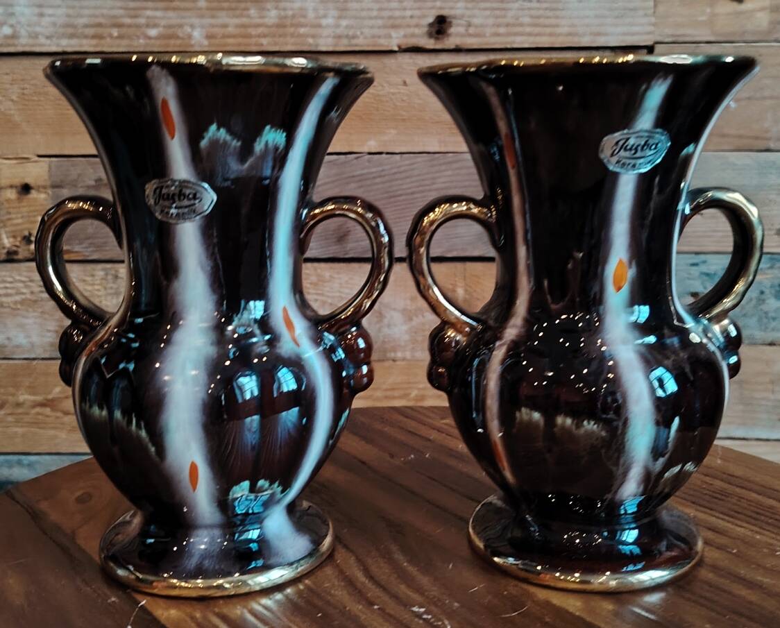 Pair of Jasba Keramik vases – Germany – 1950s/60s – brown, black & gold