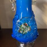 Clichy glass vase with floral decoration in intense blue tones and small years