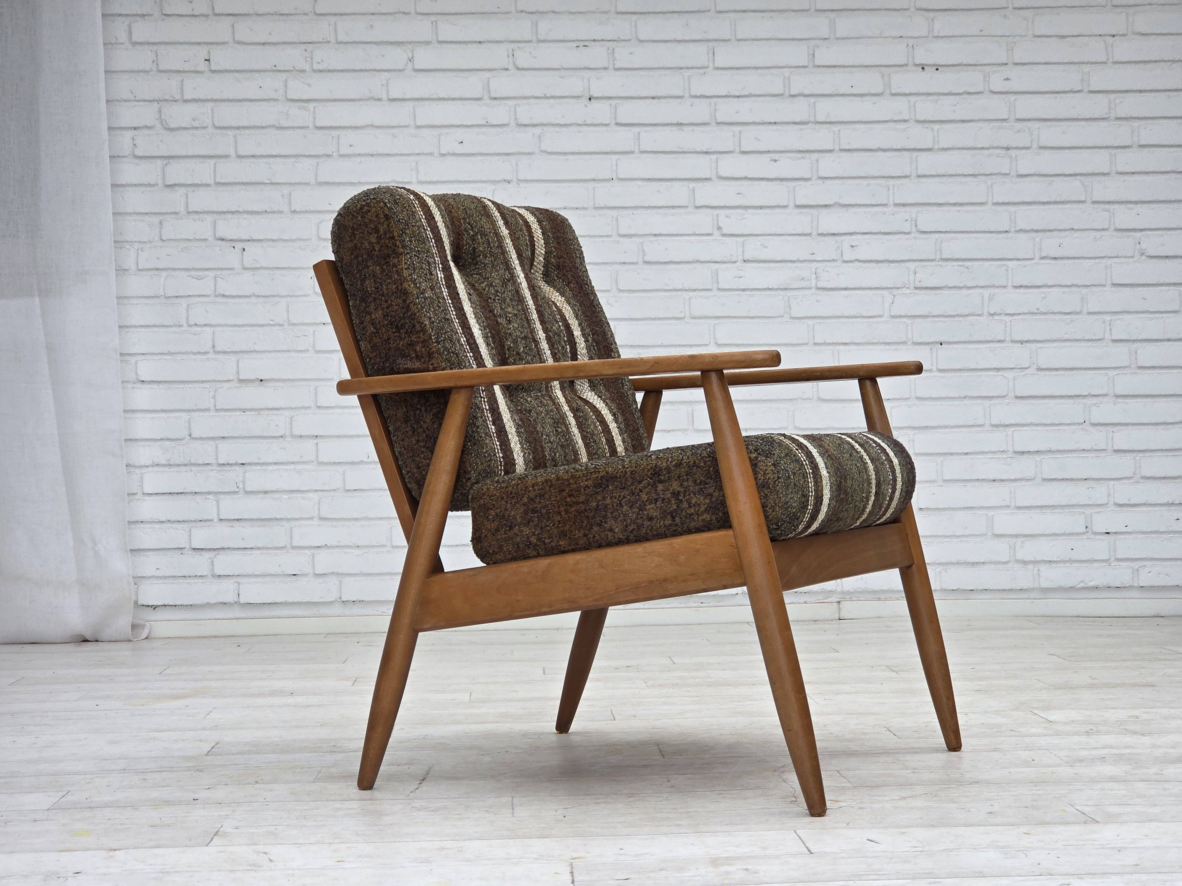 1970s, Danish armchair, beech wood, furniture wool fabric.