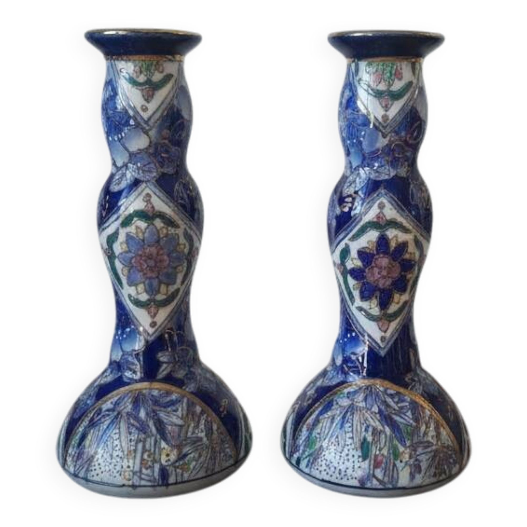 Vintage-style blue and gold floral ceramic candlesticks CHMR