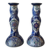 Vintage-style blue and gold floral ceramic candlesticks CHMR