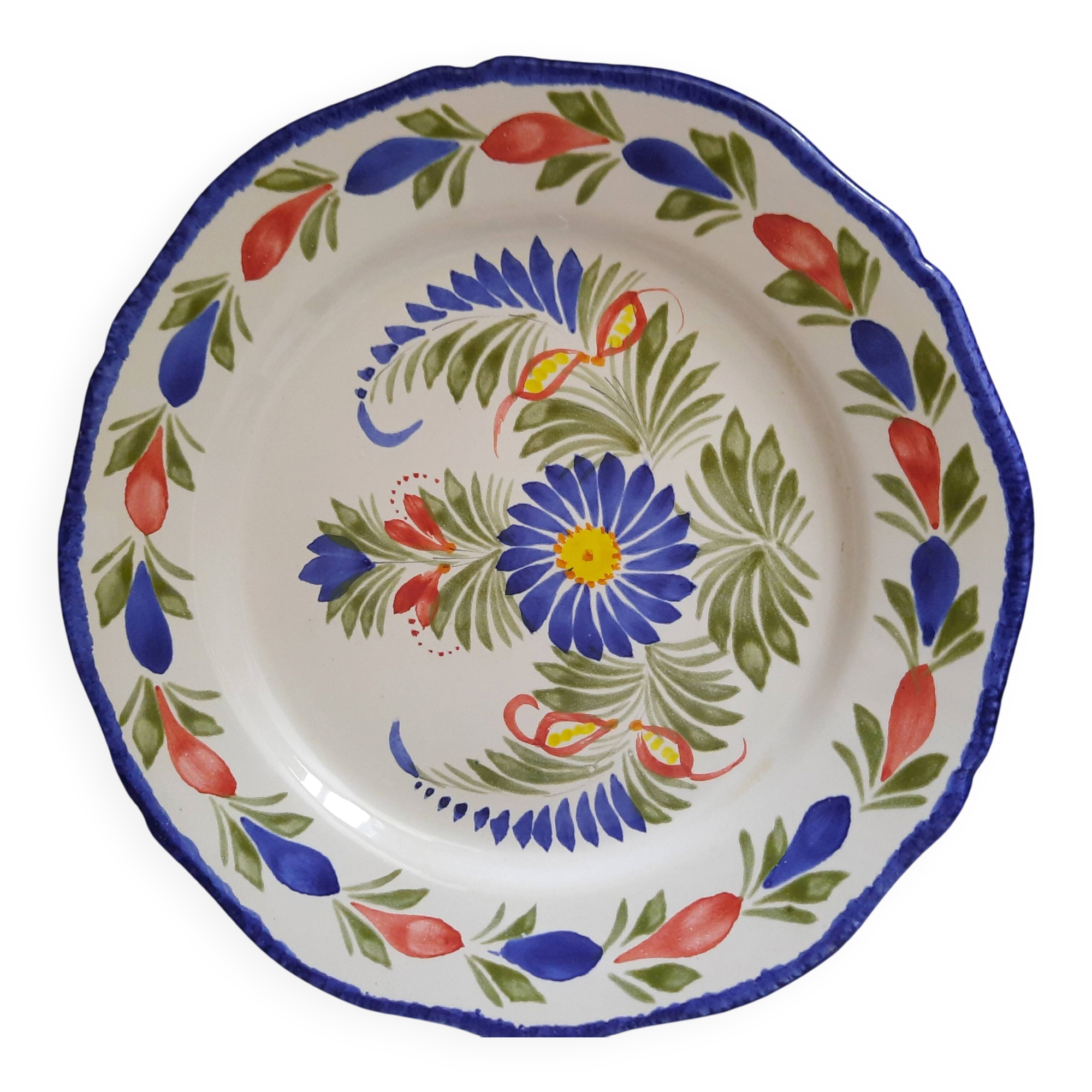 Old flat plate faience hb quimper hand-painted floral decoration